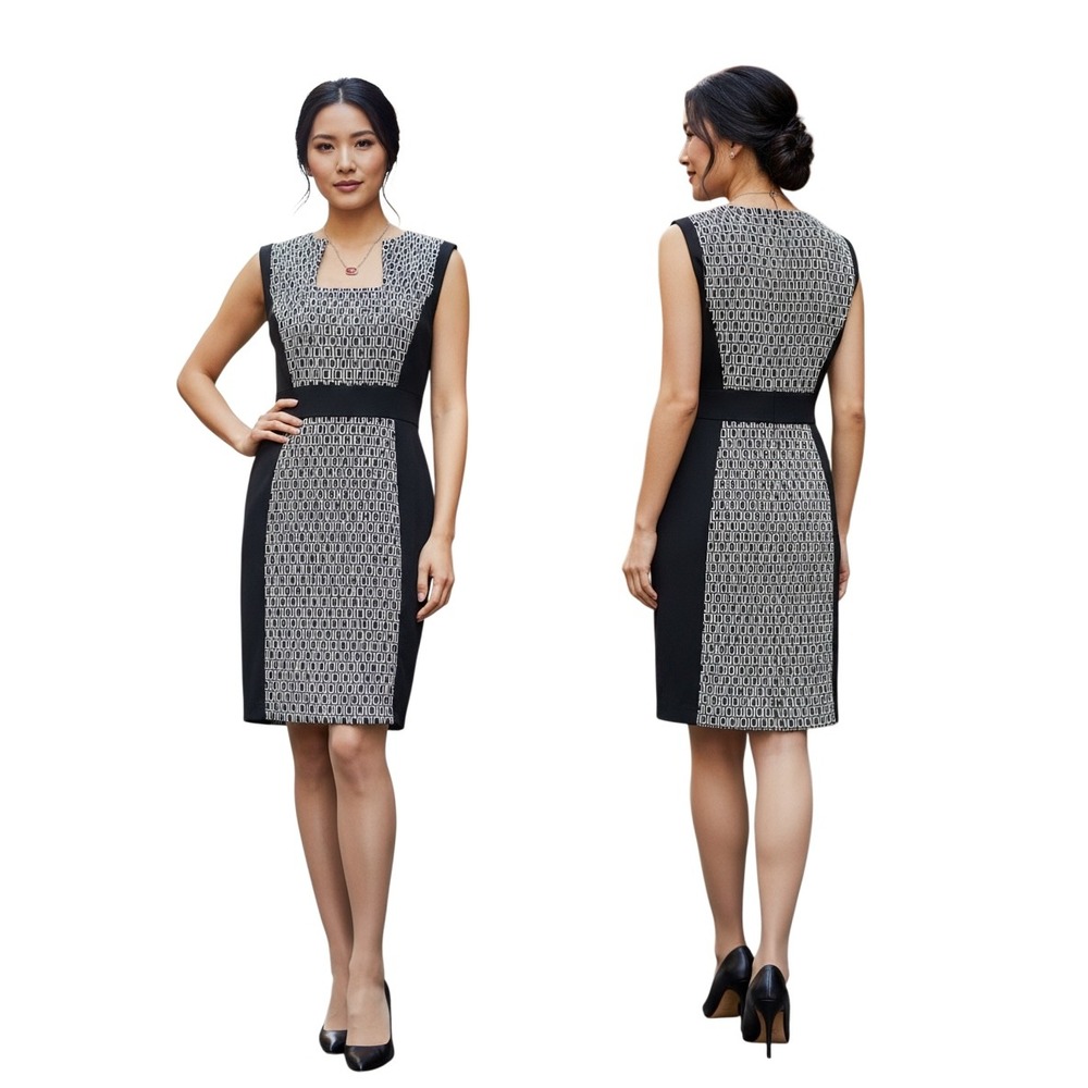 Tahari Black White Geometric Sheath Dress 12 Notched Neck. Cocktail Wedding